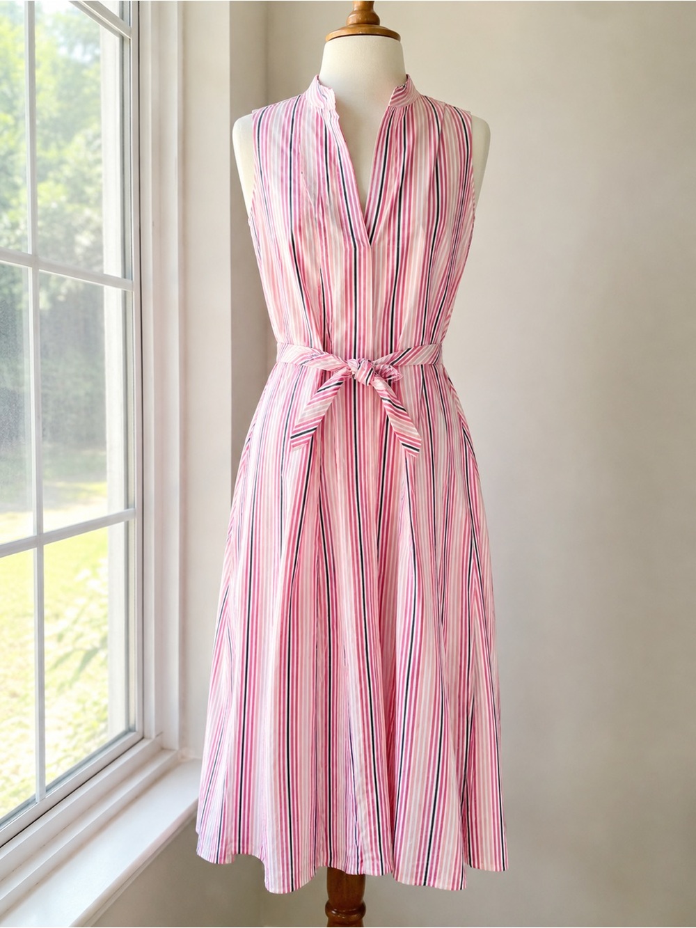 Calvin Klein Pink Striped Sleeveless Midi Dress Size 8 Tie Waist